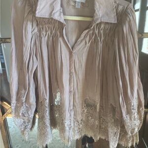 Cupio Lace Accent Blouse in Tan
